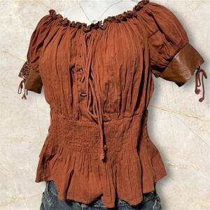 Belle Pogue Brown Peasant Style Blouse with Leather Cuff Details